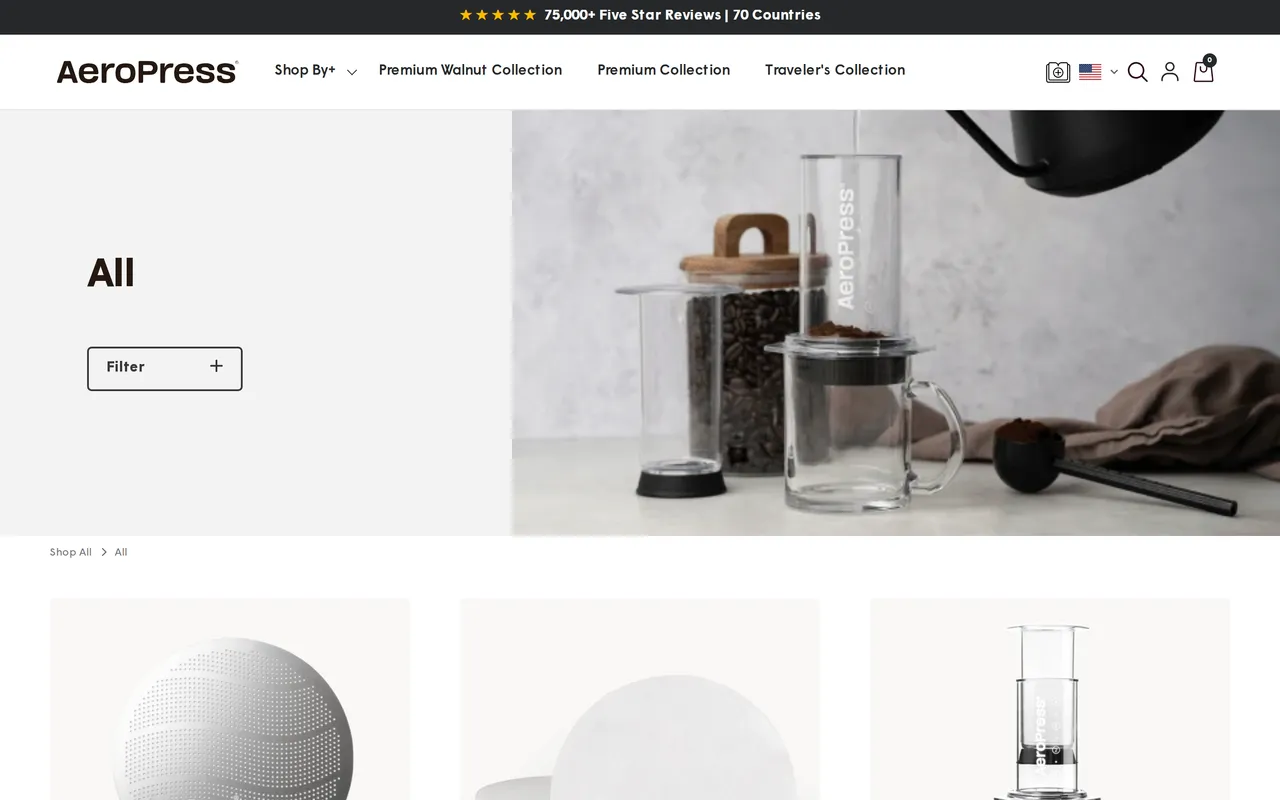 AeroPress Product Listing (PLP), category listing page, captured Oct 26, 2026