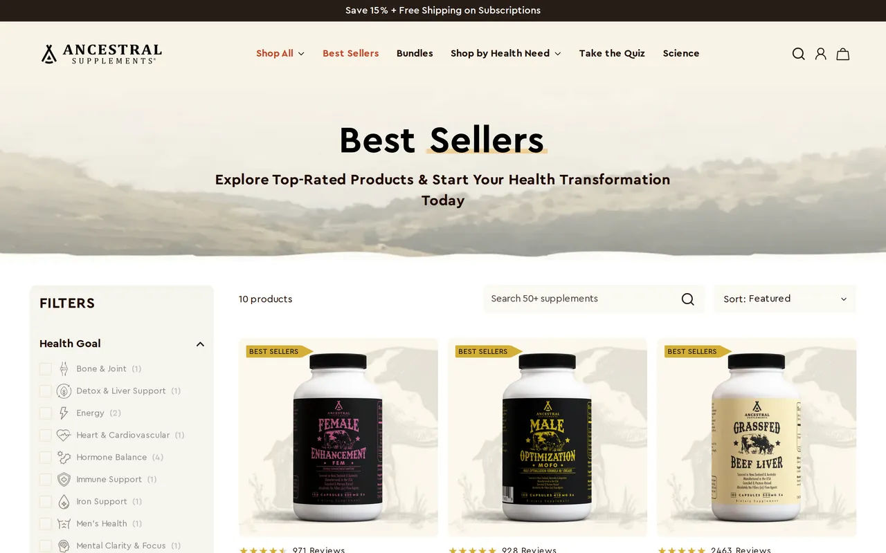 Ancestral Supplements Product Listing (PLP), category listing page, captured Oct 26, 2026