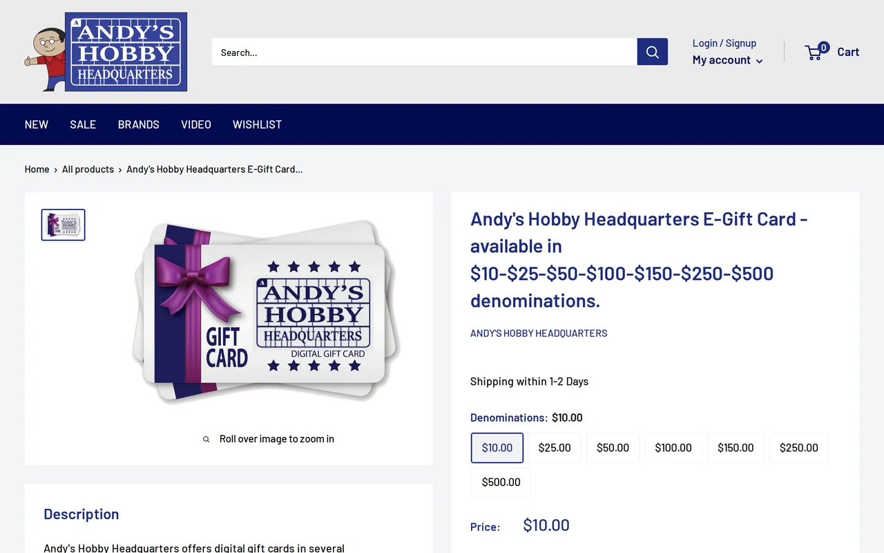 Andy's Hobby Headquarters Product Detail (PDP), product detail page, captured Oct 20, 2026