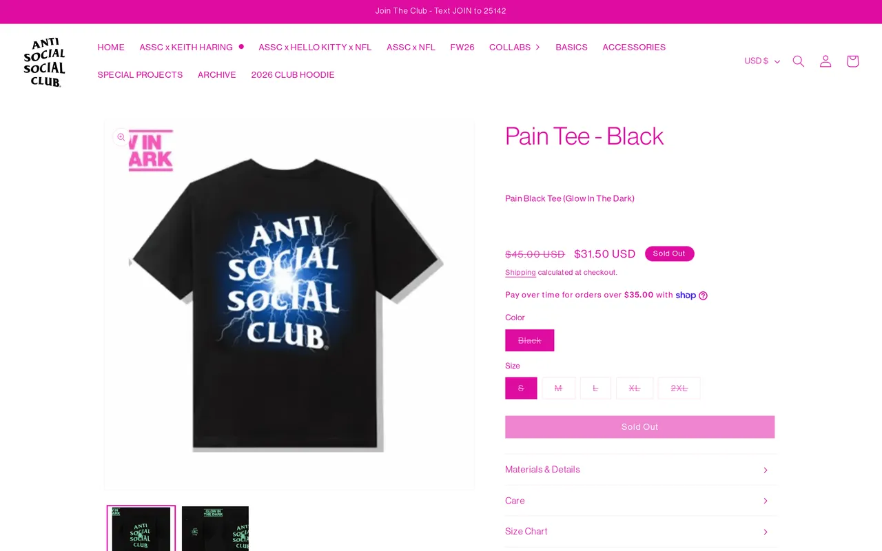 AntiSocialSocialClub Product Detail (PDP), product detail page, captured Oct 26, 2026