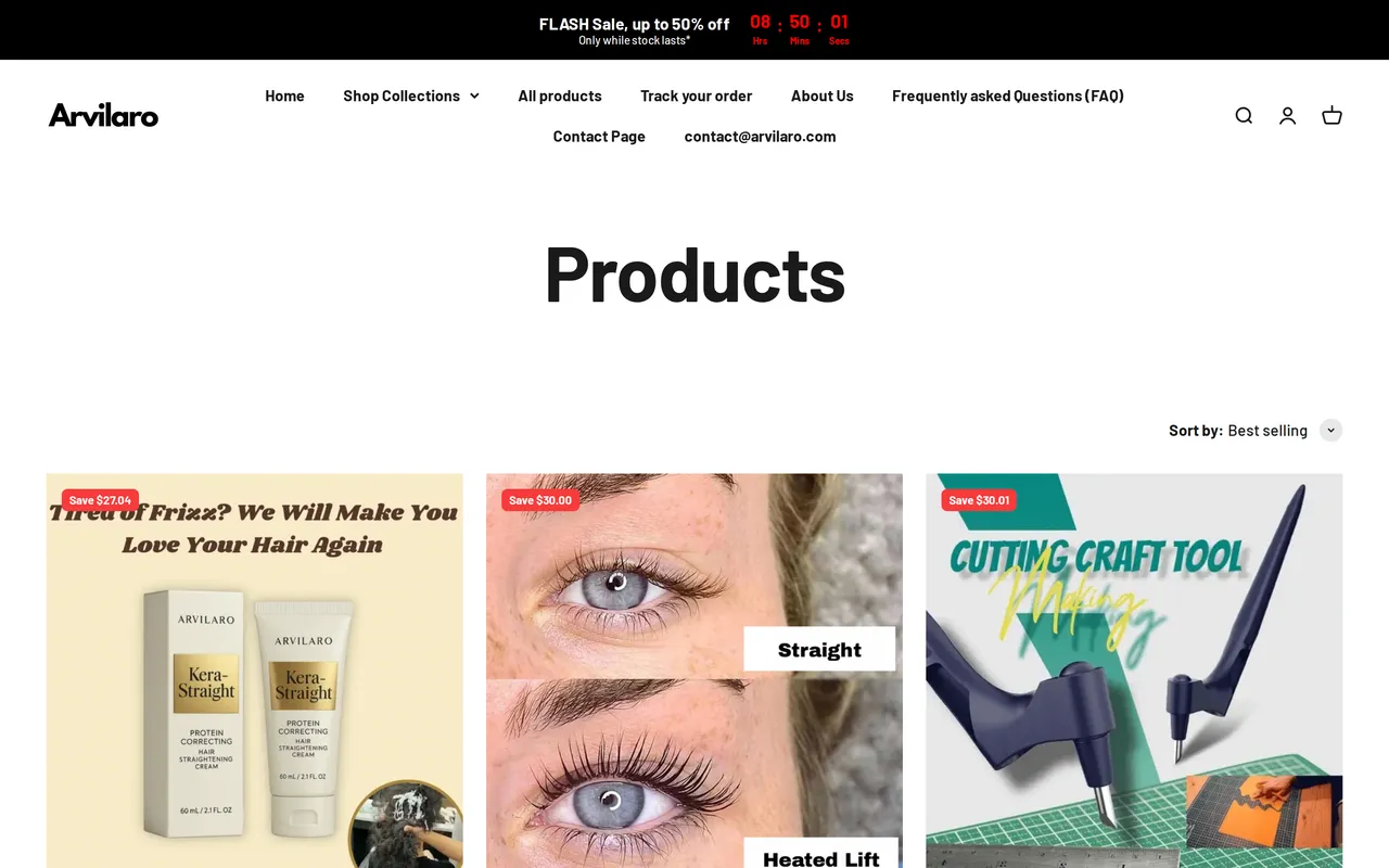 Arvilaro Product Listing (PLP), category listing page, captured Oct 26, 2026