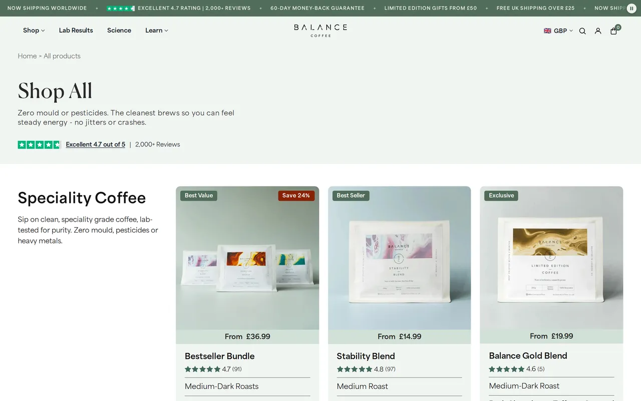Balance Coffee Product Listing (PLP), category listing page, captured Oct 27, 2026