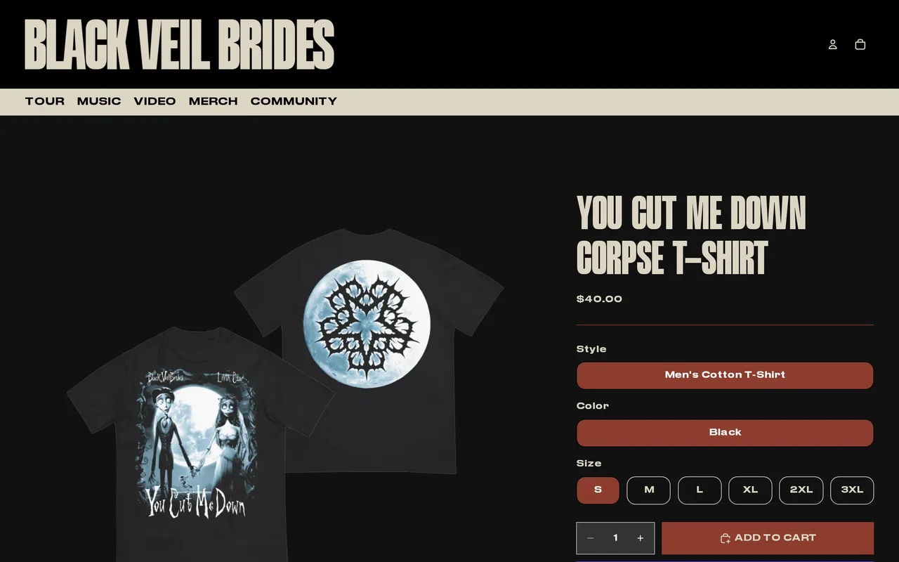 Black Veil Brides Product Detail (PDP), product detail page, captured Oct 28, 2026