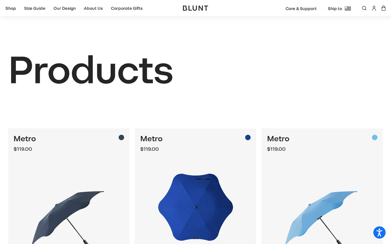 Blunt Umbrellas Product Listing (PLP), category listing page, captured Oct 26, 2026
