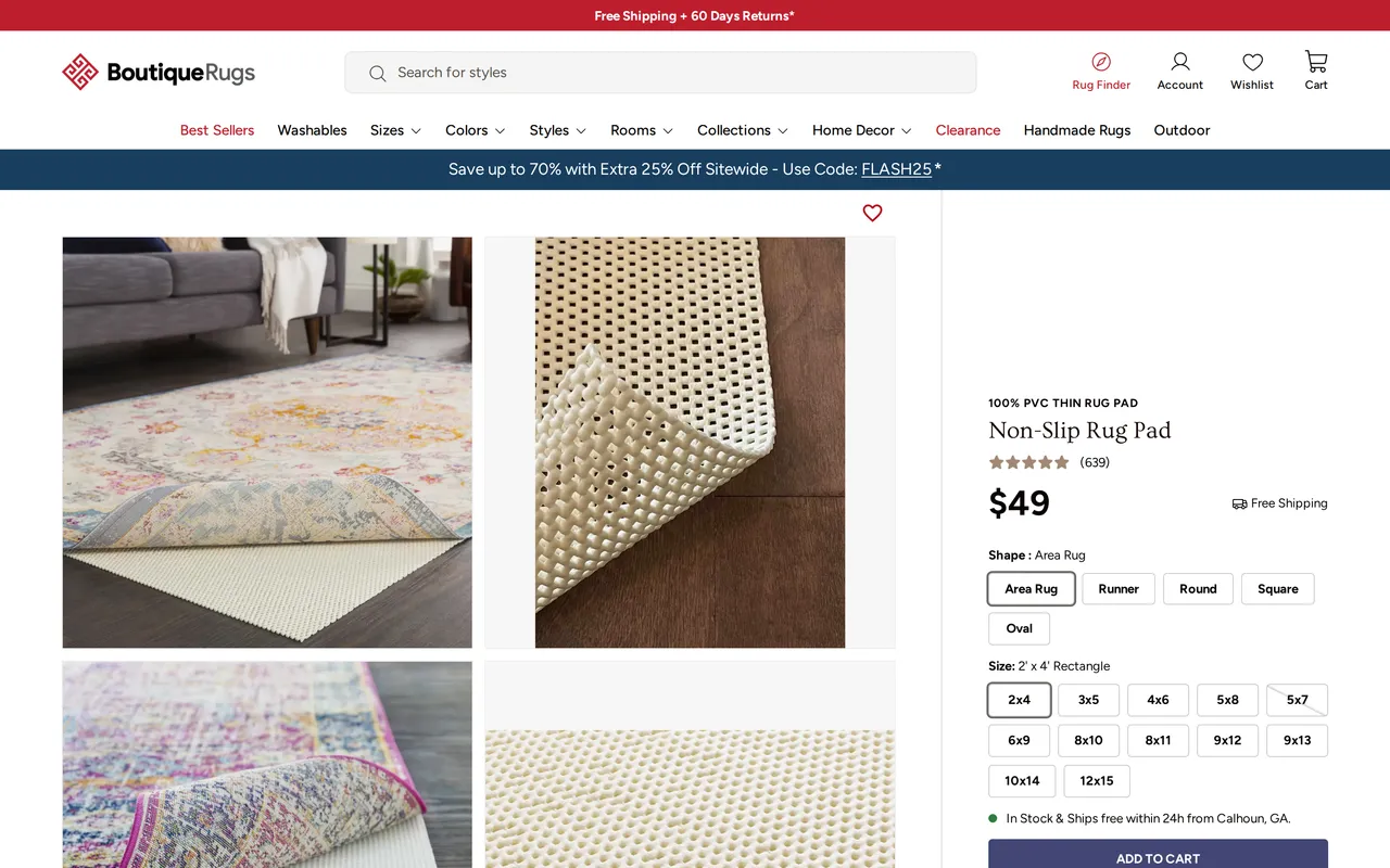 Boutique Rugs Product Detail (PDP), product detail page, captured Oct 26, 2026