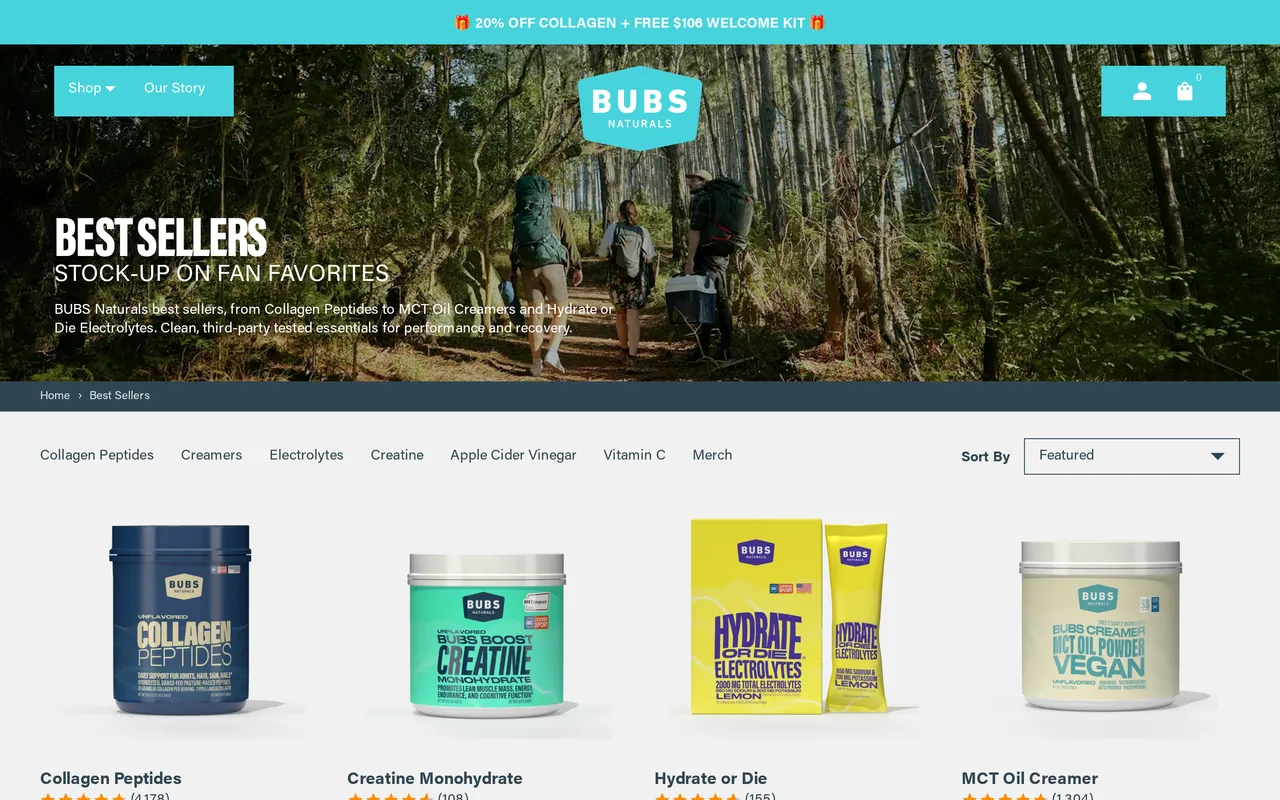 BUBS Naturals Product Listing (PLP), category listing page, captured Oct 20, 2026