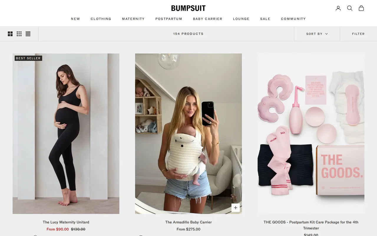 BUMPSUIT Product Listing (PLP), category listing page, captured Oct 18, 2026