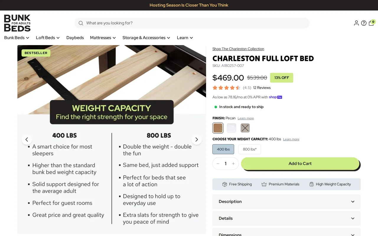 Bunk Beds for Adults Product Detail (PDP), product detail page, captured Oct 21, 2026
