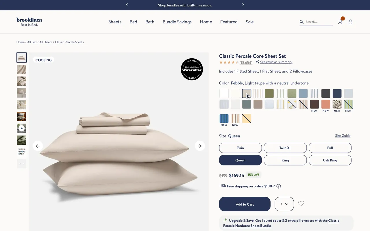 brooklinen.com page before add to cart