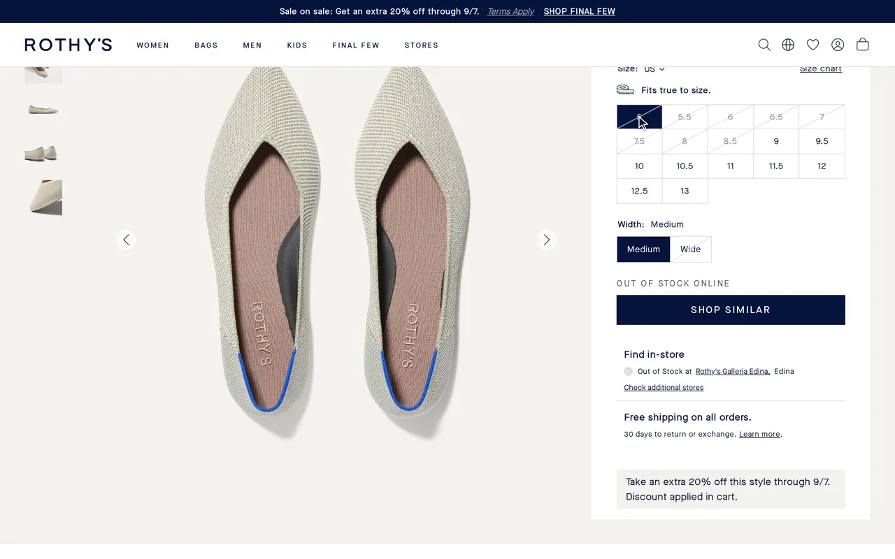 rothys.com page before add to cart