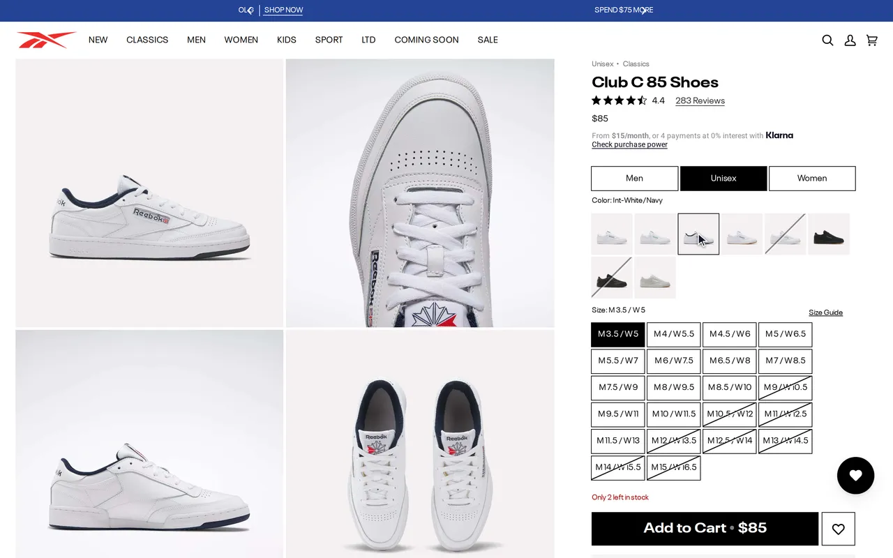 reebok.com page before add to cart