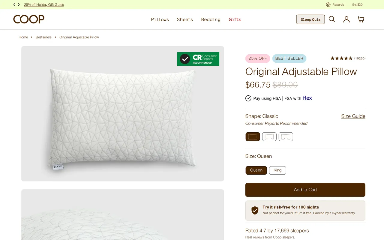 Coop Sleep Goods Product Detail (PDP), product detail page, captured Oct 26, 2026