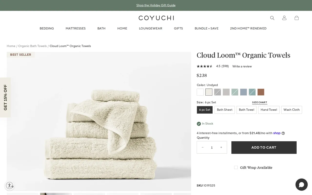 Coyuchi Product Detail (PDP), variants unselected, captured Oct 26, 2026