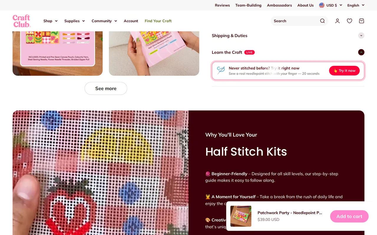 Craft Club Product Detail (PDP), sticky add-to-cart bar (mid-scroll), captured Oct 26, 2026
