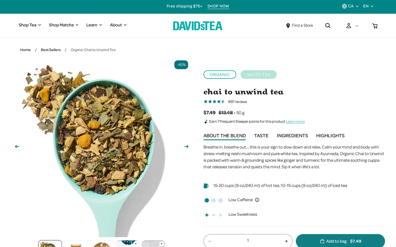 DAVIDsTEA Product Detail (PDP), product detail page, captured Oct 19, 2026