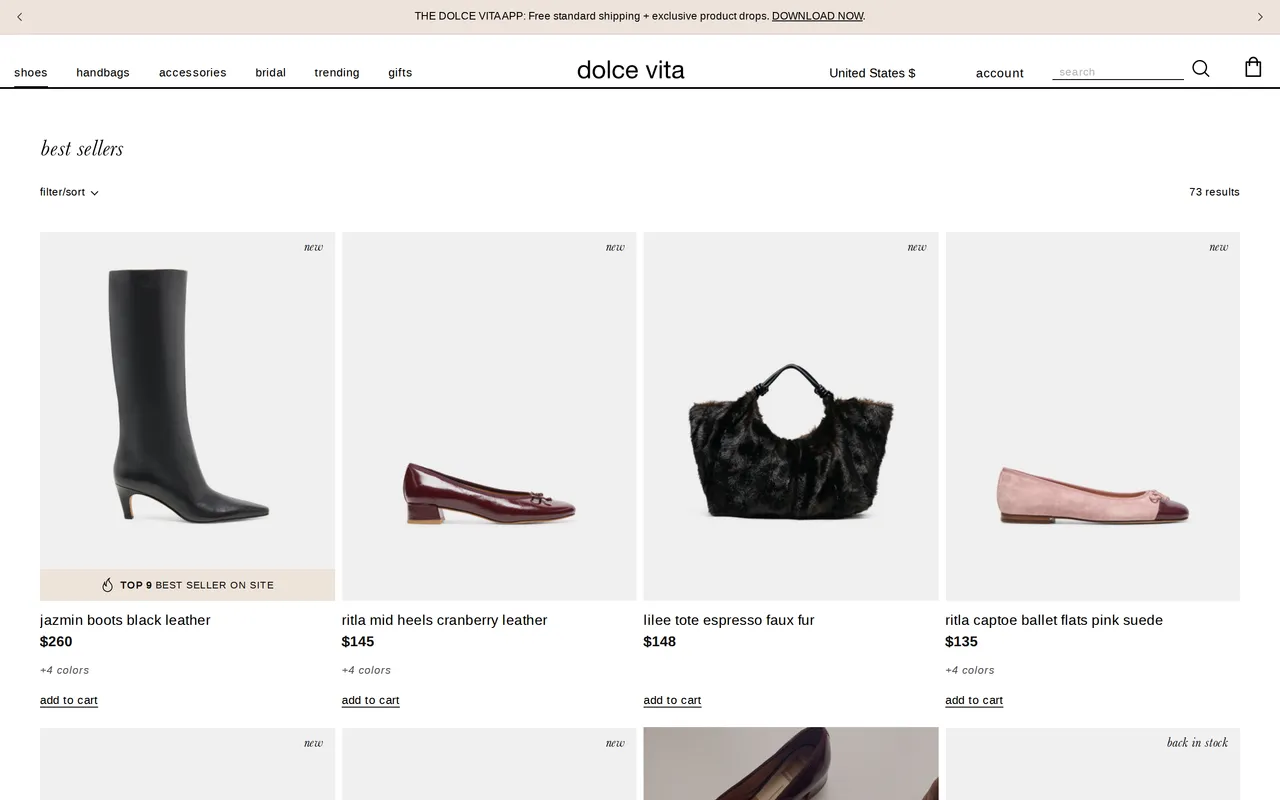 Dolce Vita Product Listing (PLP), category listing page, captured Oct 26, 2026