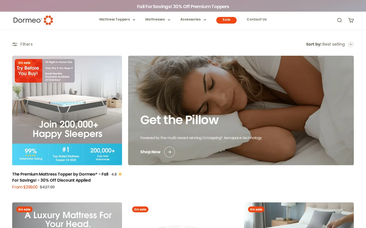 Dormeo USA Product Listing (PLP), category listing page, captured Oct 21, 2026