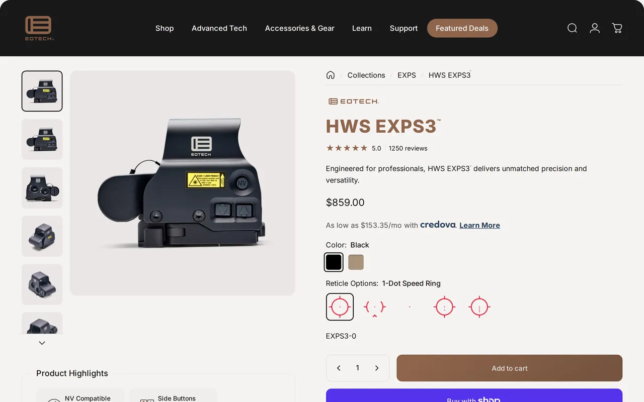 EOTECH Product Detail (PDP), product detail page, captured Oct 18, 2026