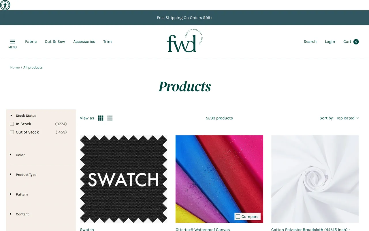 Fabric Wholesale Direct Product Listing (PLP), category listing page, captured Oct 26, 2026