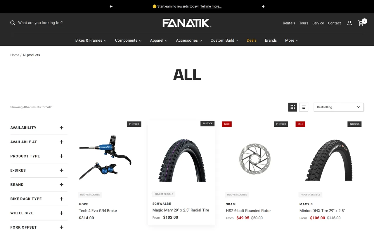 Fanatik Bike Product Listing (PLP), category listing page, captured Oct 18, 2026