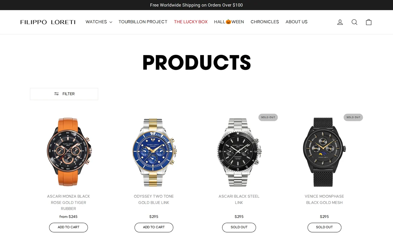 Filippo Loreti Product Listing (PLP), category listing page, captured Oct 26, 2026