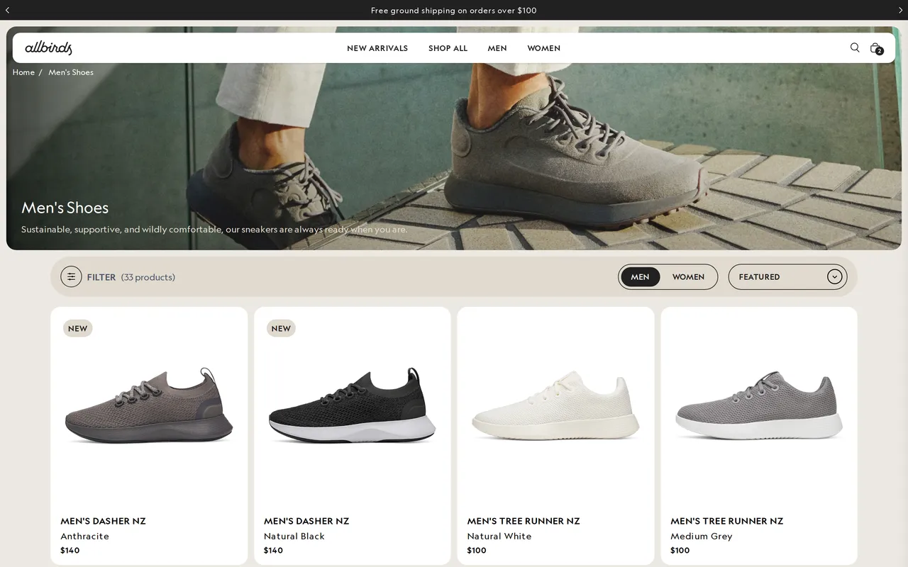 allbirds.com category grid before filtering