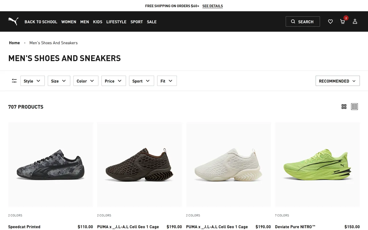 us.puma.com category grid before filtering