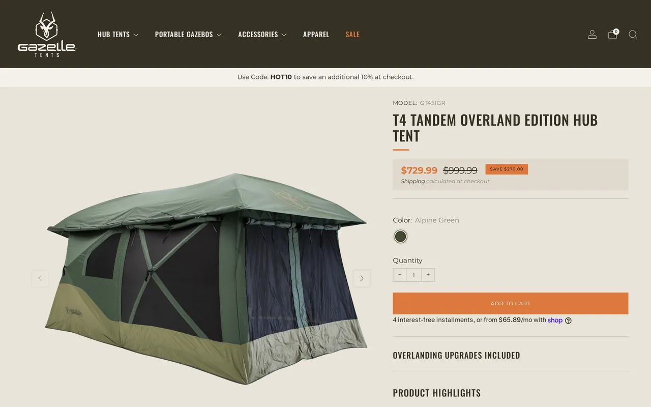 Gazelle Tents Product Detail (PDP), product detail page, captured Oct 30, 2026