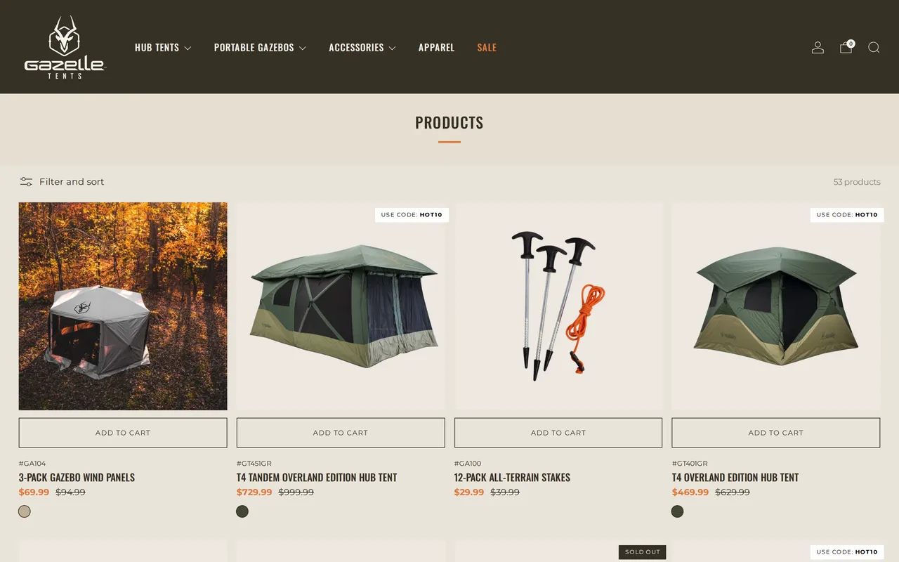 Gazelle Tents Product Listing (PLP), category listing page, captured Oct 30, 2026