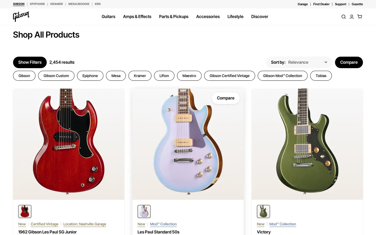 Gibson Product Listing (PLP), category listing page, captured Oct 22, 2026