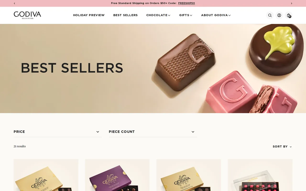 Godiva Product Listing (PLP), category listing page, captured Oct 26, 2026