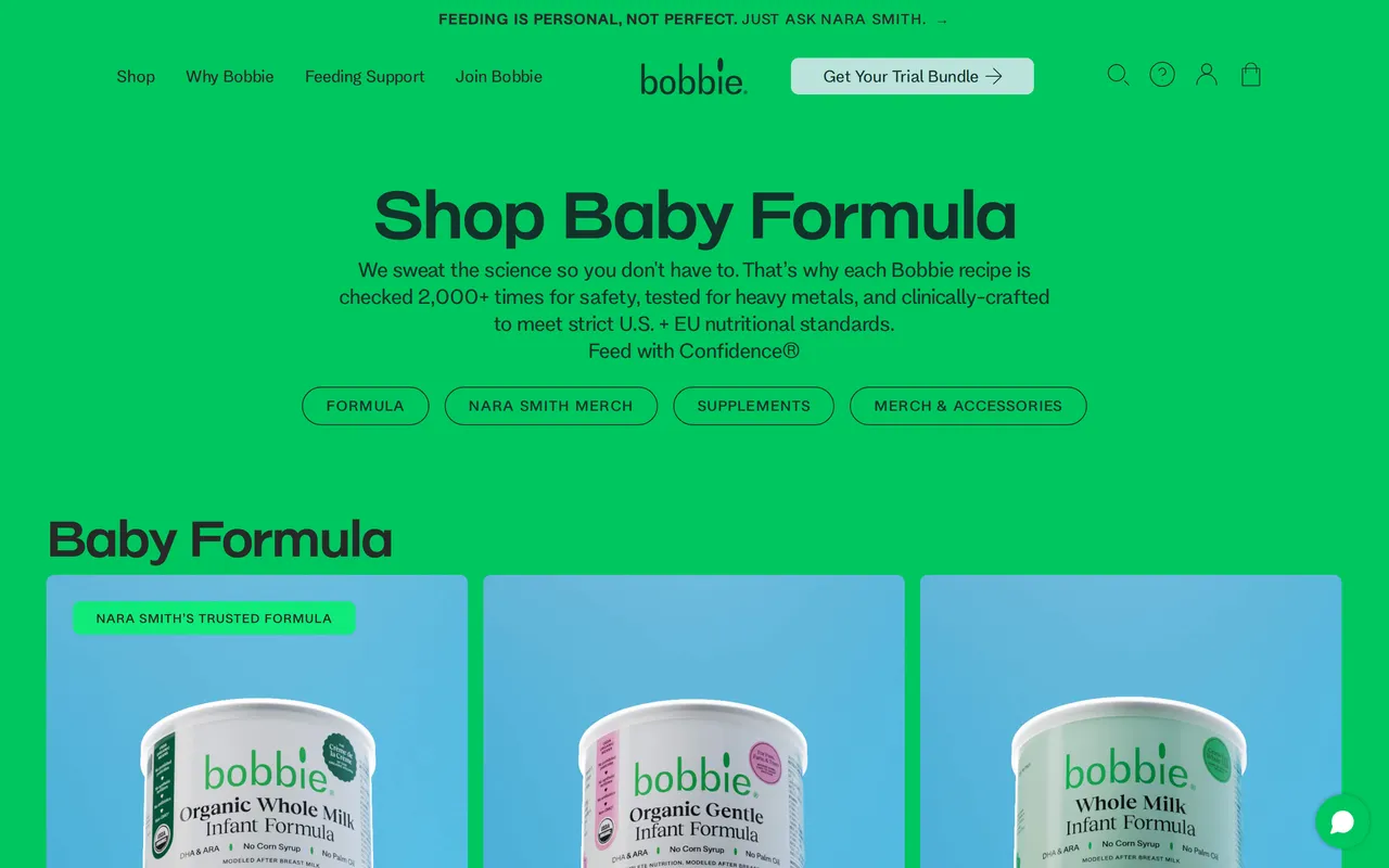 Bobbie Product Listing (PLP), category listing page, captured Oct 26, 2026