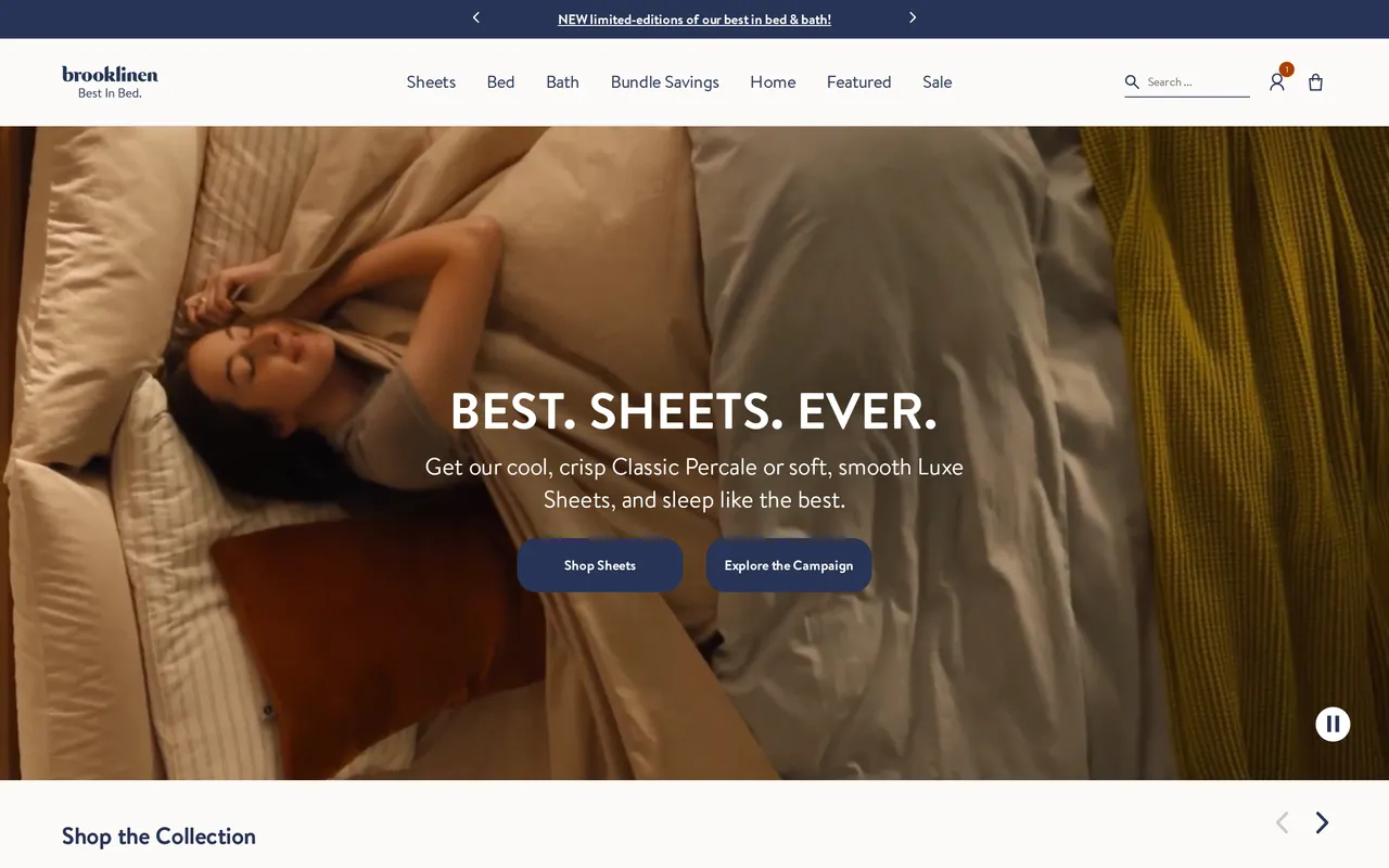 brooklinen.com homepage with promo banner