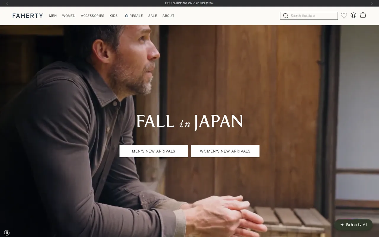 fahertybrand.com homepage with promo banner