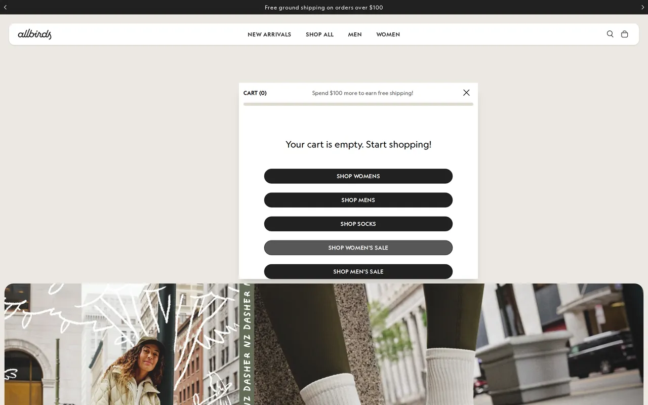 allbirds.com homepage with promo banner