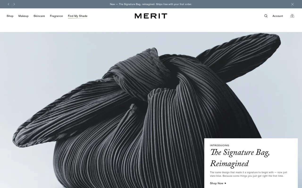 meritbeauty.com homepage with promo banner