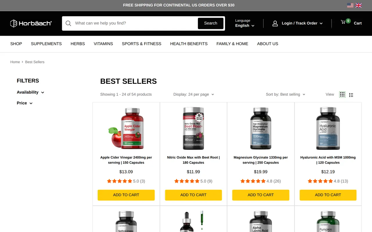 Horbäach Health Product Listing (PLP), category listing page, captured Oct 18, 2026