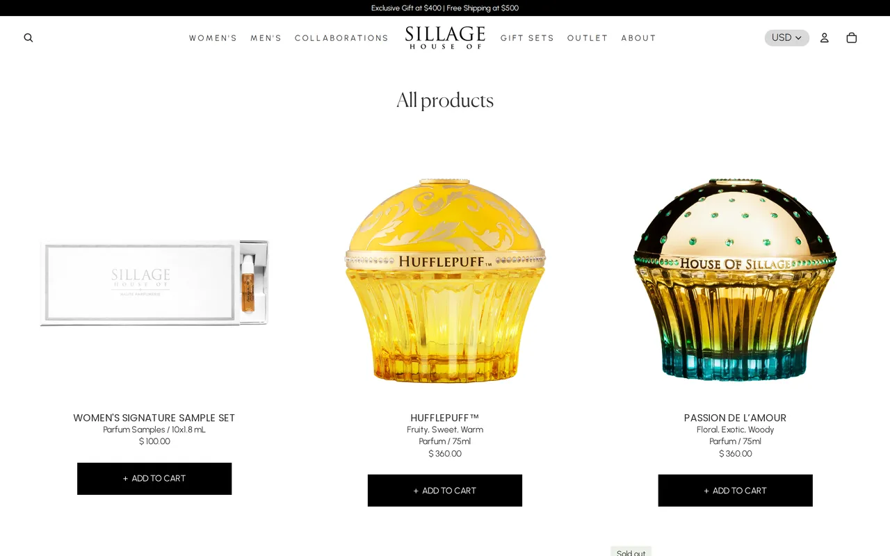 House of Sillage Product Listing (PLP), category listing page, captured Oct 23, 2026
