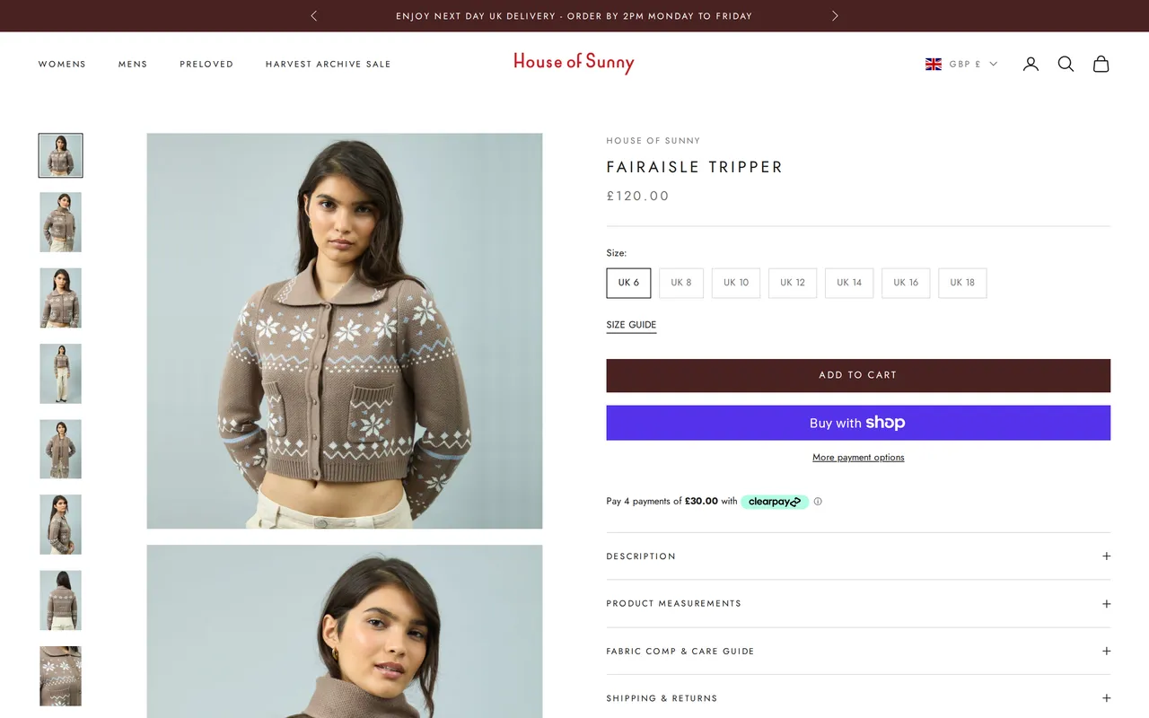 House of Sunny Product Detail (PDP), product detail page, captured Oct 23, 2026