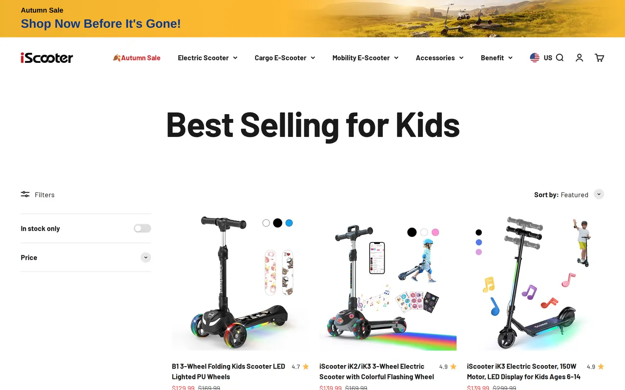 Electric Scooter US Store Product Listing (PLP), category listing page, captured Oct 18, 2026