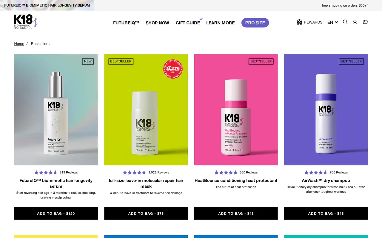 K18 Hair Product Listing (PLP), category listing page, captured Oct 26, 2026