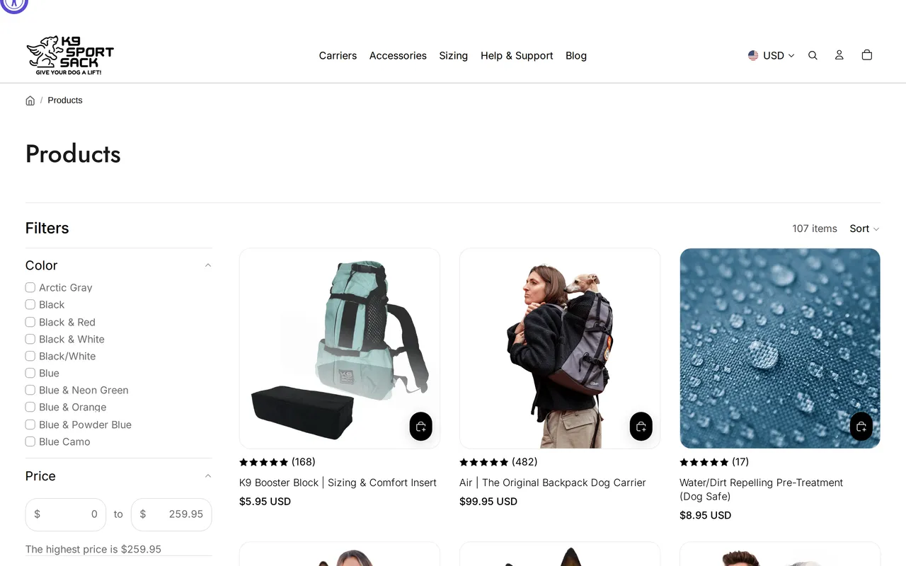 K9 Sport Sack Product Listing (PLP), category listing page, captured Oct 23, 2026