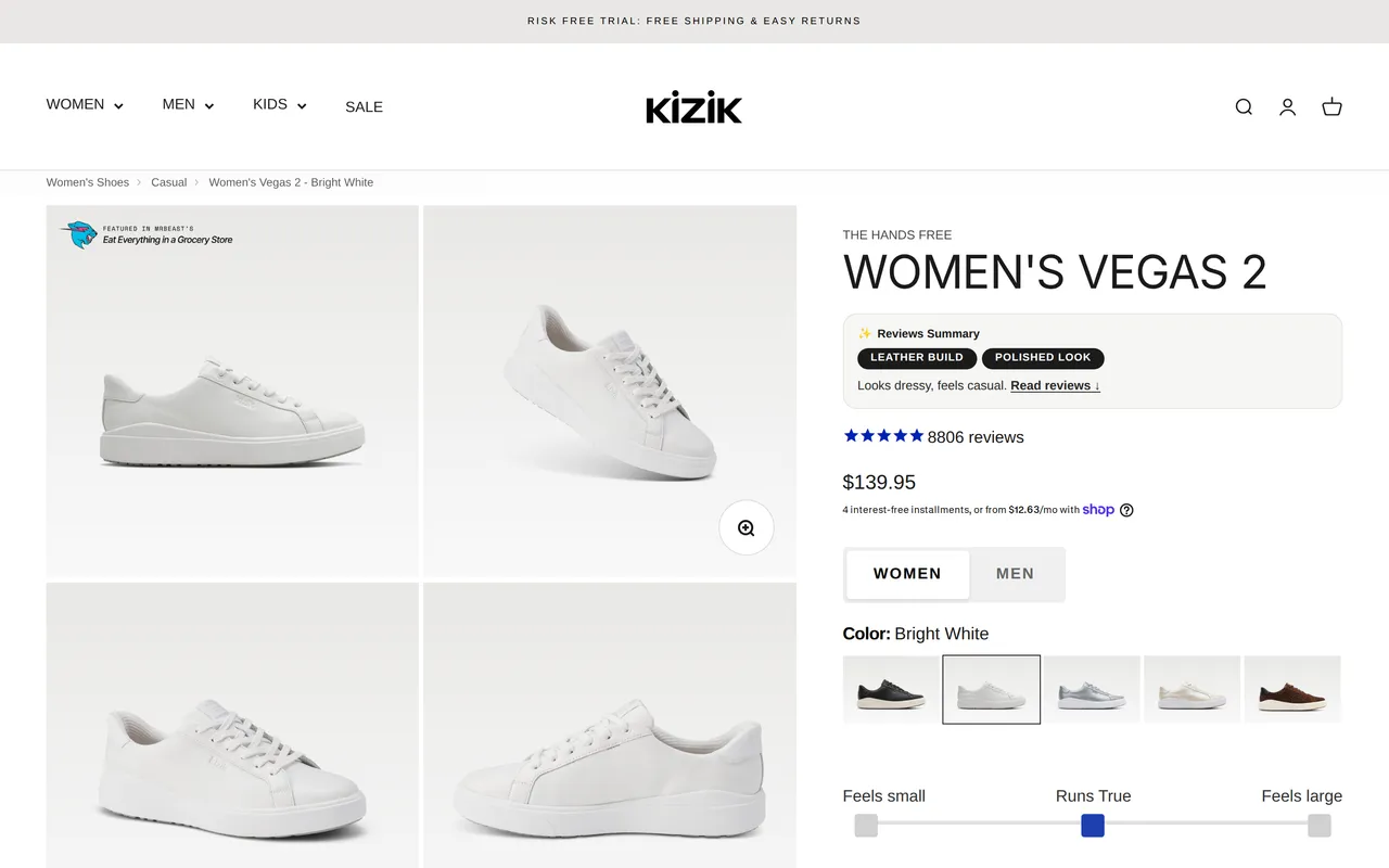 Kizik Product Detail (PDP), product detail page, captured Oct 19, 2026