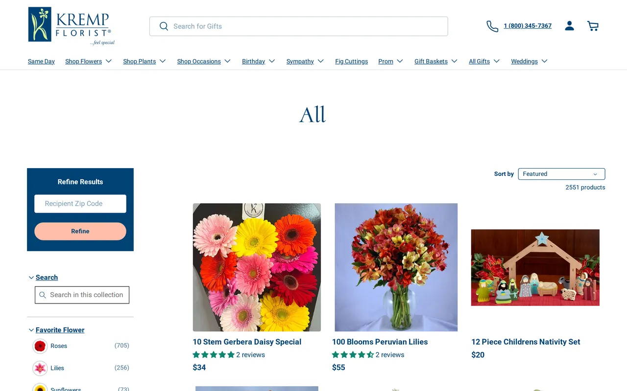 Kremp Florist Product Listing (PLP), category listing page, captured Oct 18, 2026