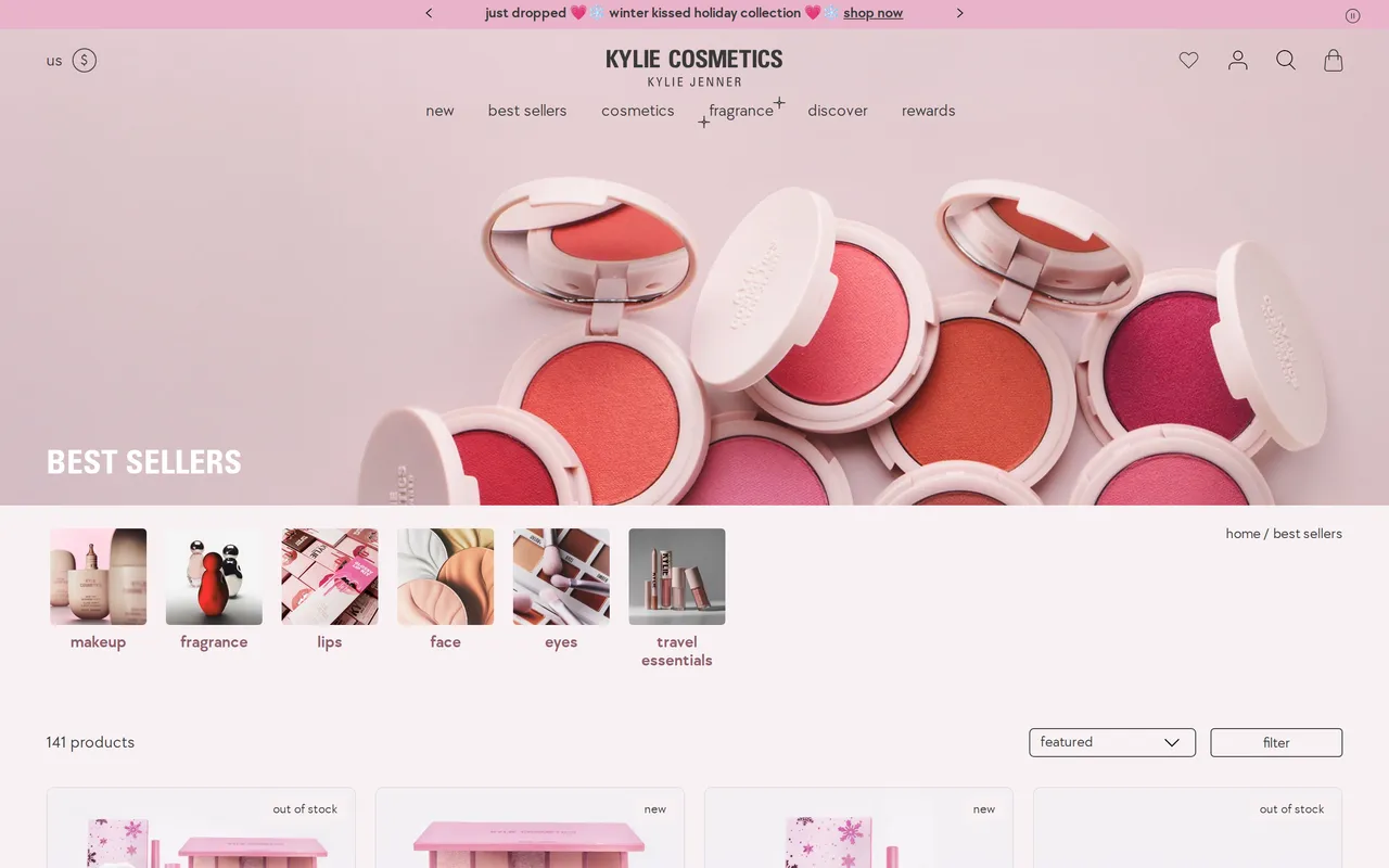 Kylie Cosmetics Product Listing (PLP), category listing page, captured Oct 26, 2026