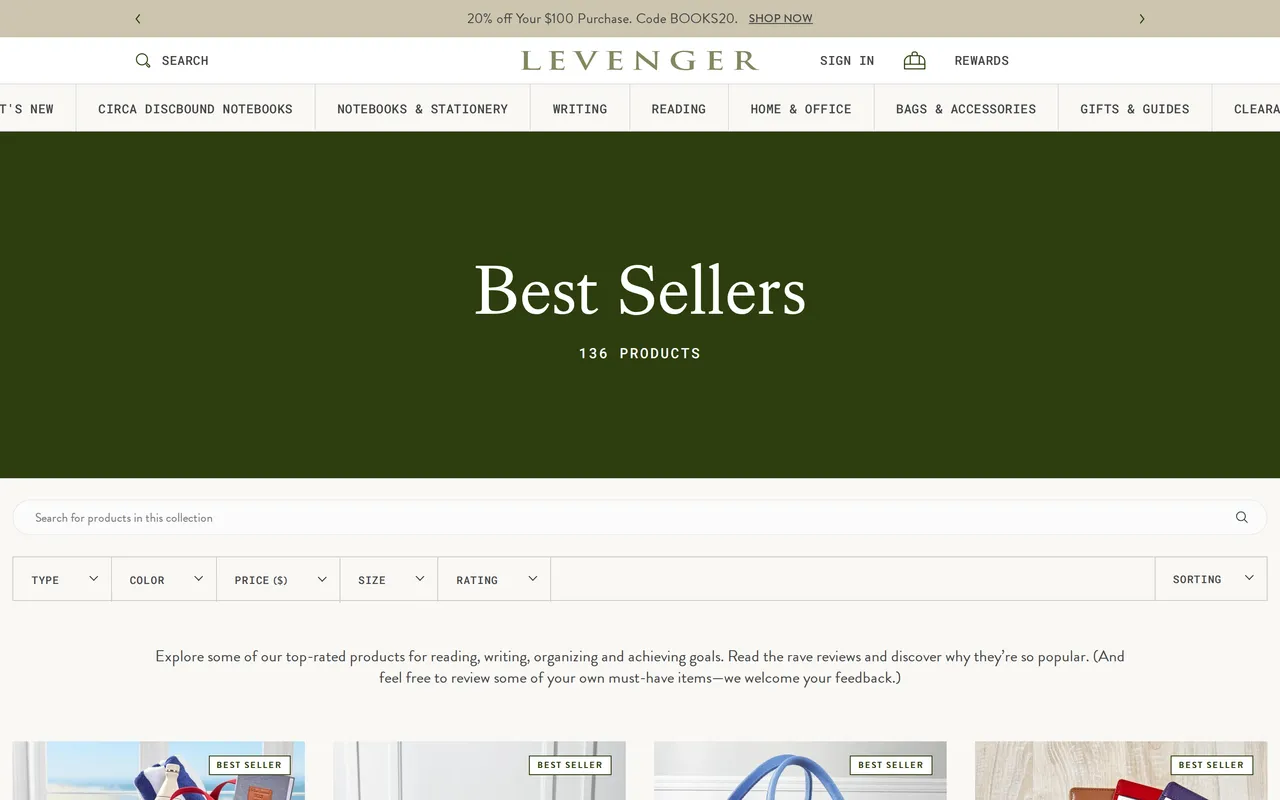 Levenger Product Listing (PLP), category listing page, captured Oct 26, 2026
