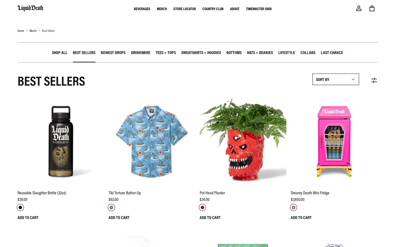 Liquid Death Product Listing (PLP), category listing page, captured Oct 26, 2026