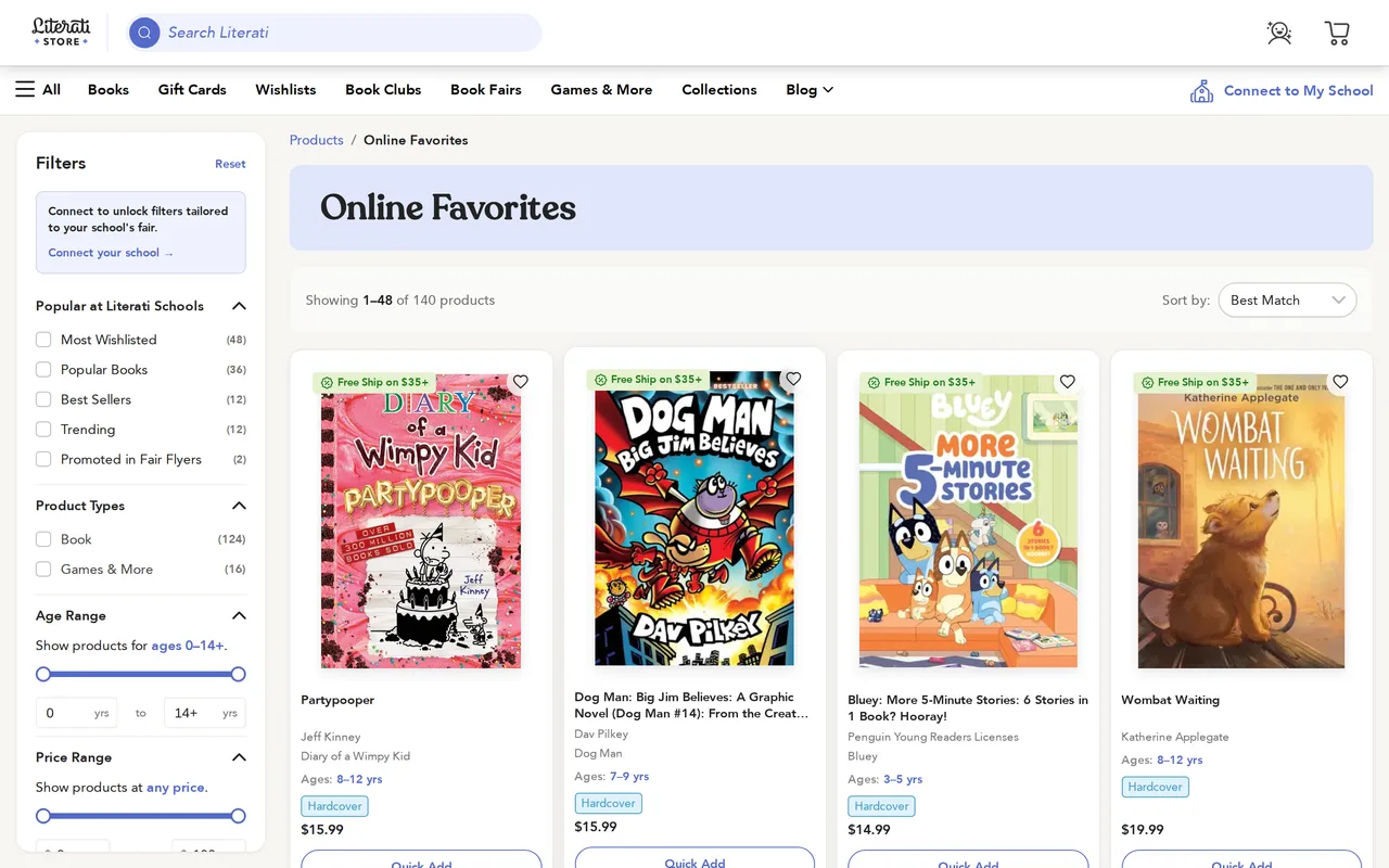 Literati Product Listing (PLP), category listing page, captured Oct 29, 2026