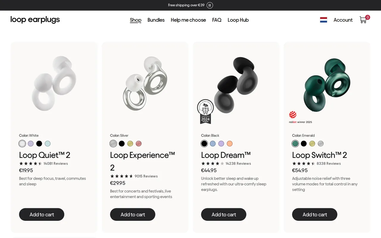 Loop Earplugs Product Listing (PLP), category listing page, captured Oct 26, 2026