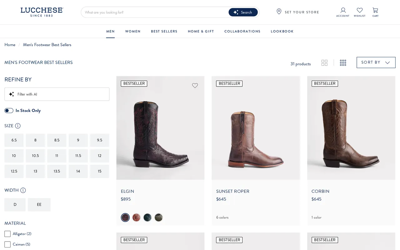 Lucchese Product Listing (PLP), category listing page, captured Oct 26, 2026
